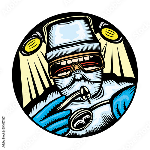 Dentist treats a tooth round sign on a white background.