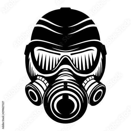 Black gas mask sign on a white background.