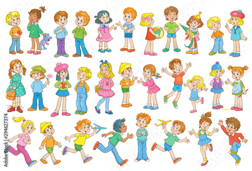 Collection of funny kids. Multicultural children with different colors of skin and hair in different poses and relationships. In cartoon style. Isolated on a white background.
