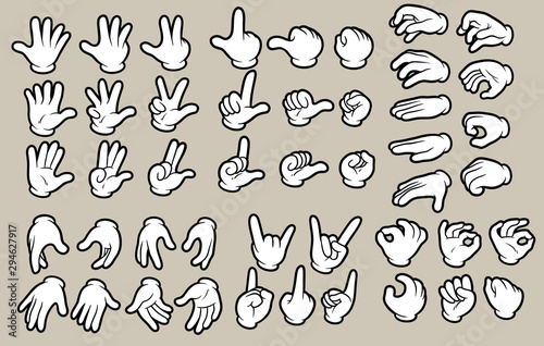 Cartoon white human hands in gloves gesture set. Hands show signs. Different hand positions. Isolated on gray background. Vector icon set.