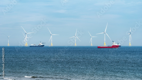 Offshore wind turbine farm on Scotland coast of Aberdeen