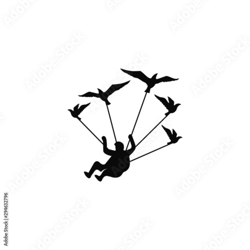 skydiver logo, flying man with birds, parachuting man with birds logo .vector