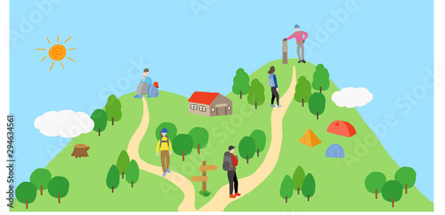 ハイキング、登山をする人のいる山