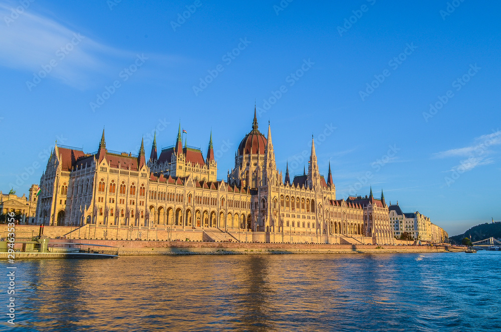 View of the building of the Hungarian Parliament from the Danube River. Budapest, Hungary