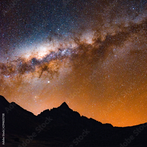 Milky Way and starry skies over Mt Ausungate and the Andes mountains. Cusco, Peru photo