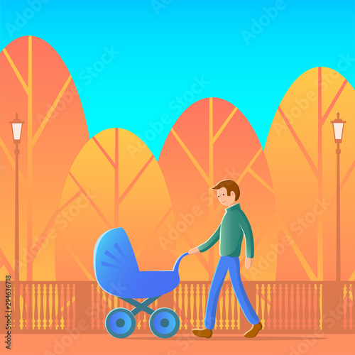 Young happy father with a stroller walk in the autumn park. Sunny weather, yellow trees, street lamps, blue sky. Cartoon vector illustration on a family theme.