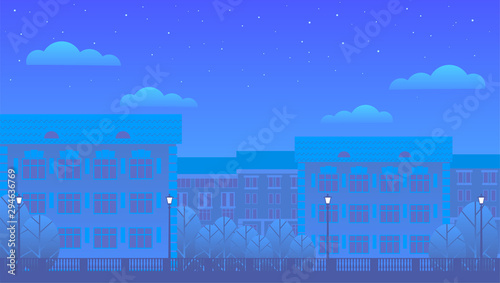 Night sleeping city for the background in the form of a banner. Residential buildings, trees, street lamps, clouds and starry sky. The light in the windows is off. Flat vector illustration.
