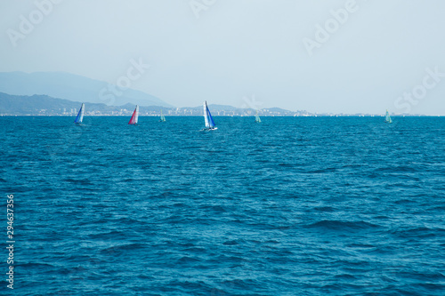 Sailing. Yachting sport. Sailboats at sea. Many sailboats along the sea coast.