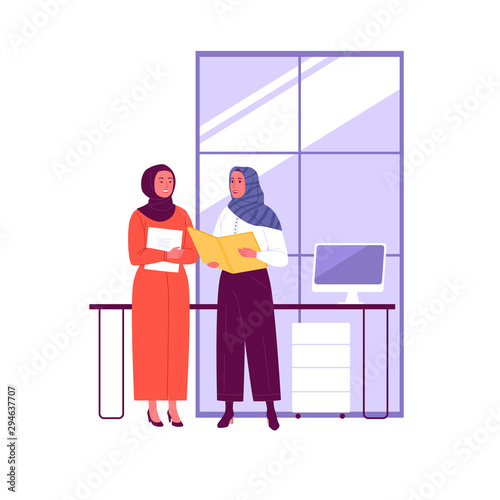 Muslim business women. Vector illustration of two Muslim women talking in the office. Isolated on background.