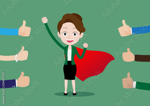 People like and give a thumbs up to super hero business woman in red cape