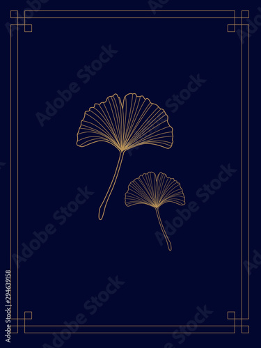 Gold gingko leaves line and frame on dark blue background