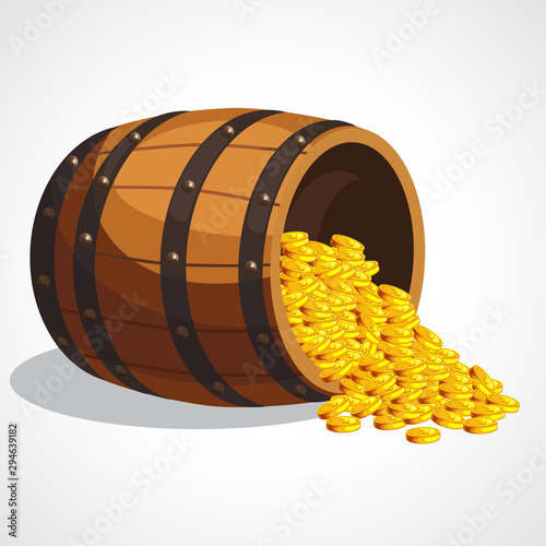 Cartoon wooden barrel with gold coins. Vector illustration.