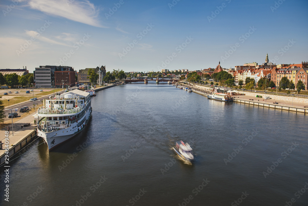 Left bank of the Oder river in Szczecin with the maritime museum and the Chrobry embankment, Szczecin, Poland