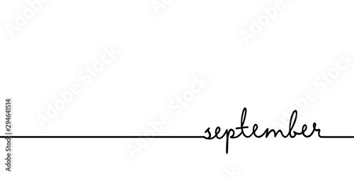September - continuous one black line with word. Minimalistic drawing of phrase illustration photo