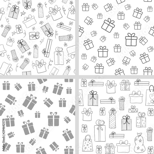 Vector set of seamless patterns with gift boxes. Hand drawn, lineart present boxes. Monochrome backgrounds for Christmas, birthday design