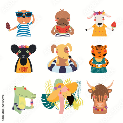 Big set with cute animals doing summer activities. Isolated objects on white background. Hand drawn vector illustration. Scandinavian style flat design. Concept for children print. Cartoon characters.