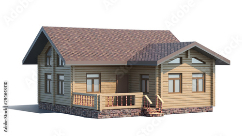 Wooden small cottage isolated on white background. Front view. 3D illustration.