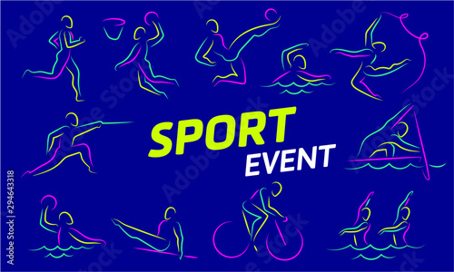 Summer sports icon set isolated silhouettes of athletes Different kinds of gymnastics, Vector layout design template for sport event. Sport flyer design banner poster. 