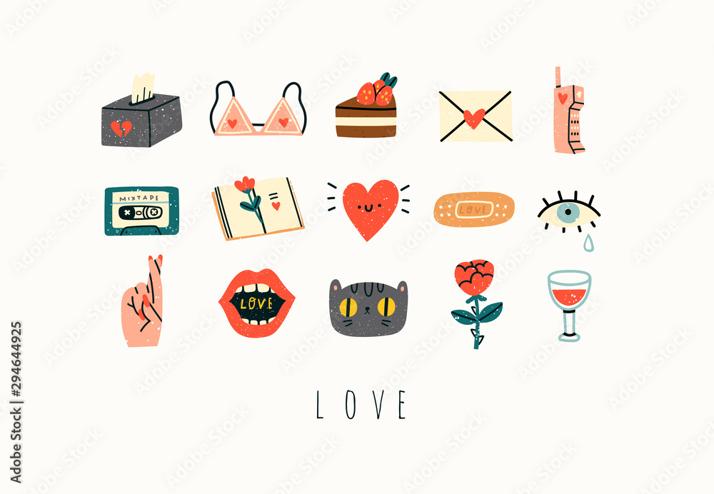 Various love, romance, affair, relationship theme icons and logos. Cute  hand drawn trendy vector illustrations. Cartoon style. Flat design. Naive  art. All elements are isolated Stock Vector | Adobe Stock
