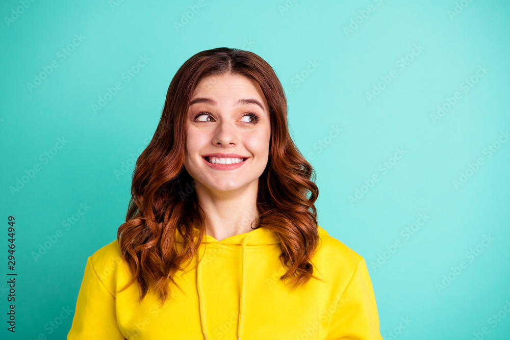 Close up photo of cheerful charming wavy cute nice lovely girl rejoicing with sales started smiling toothily isolated over turquoise bright color background Close up photo of cheerful charming wavy cute nice lovely girl rejoicing with sales started smiling toothily isolated over turquoise bright color background