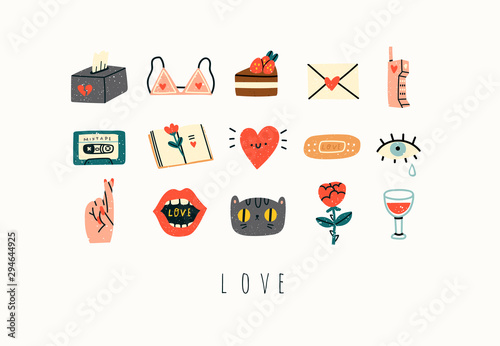 Various love, romance, affair, relationship theme icons and logos. Cute hand drawn trendy vector illustrations. Cartoon style. Flat design. Naive art. All elements are isolated