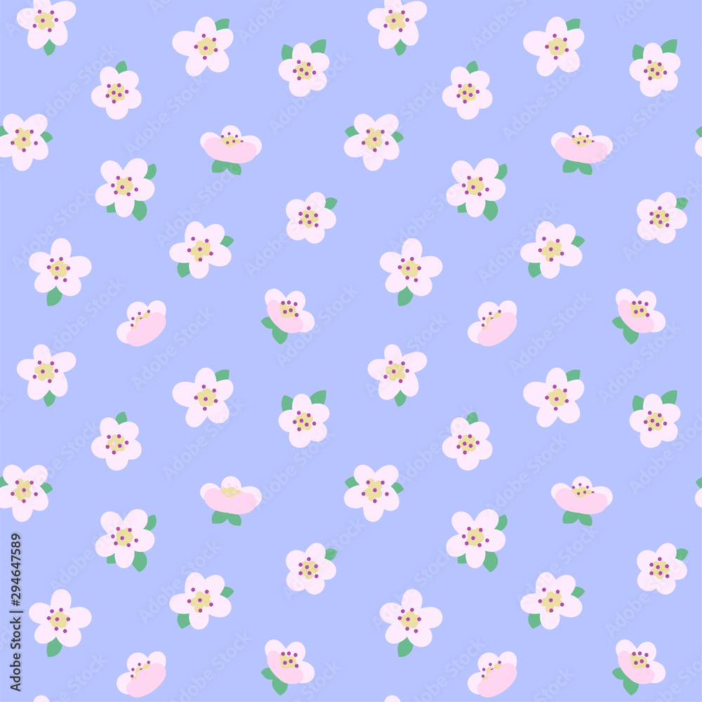 Pattern with sakura flowers. Ditsy print. Random flowers and leaves create a style of freedom. Spring or summer dress. Seamless vector texture