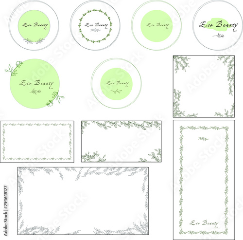 Vector set of design templates, frames and premade logos. Perfect for beauty products, cosmetics, organic food.
