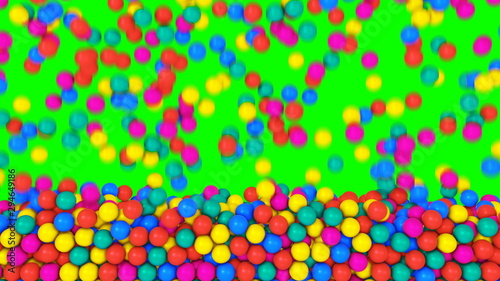 Pile of gumballs fill screen with colorful rolling and falling balls. Multicolored spheres in pool for children fun abstract transition. Bright 3D animation for composite overlay with green screen key