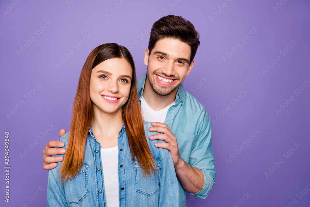Portrait of lovely two romantic couple enjoy holidays feel affectionate bonding wear trendy style outfit isolated over violet color background Portrait of lovely two romantic couple enjoy holidays feel affectionate bonding wear trendy style outfit isolated over violet color background