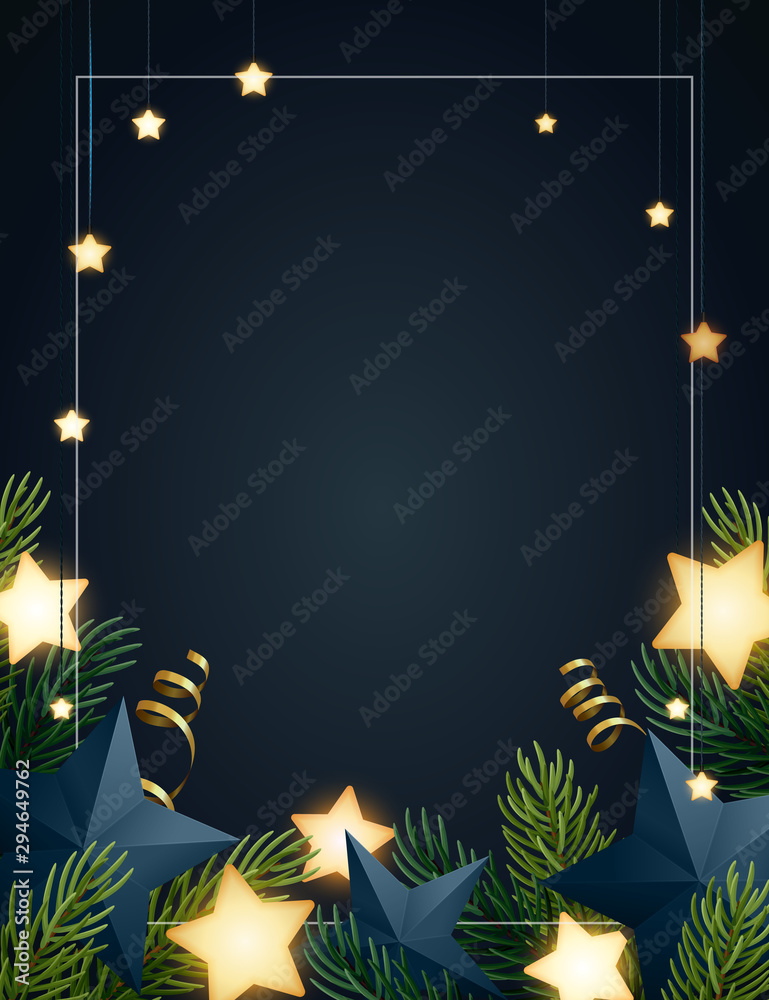 Christmas background design with fir tree branches, glowing stars, gold serpentines and paper stars. Dark backdrop with space for text. Vector flyer or banner template.