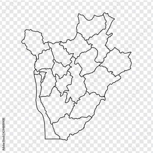 Blank map Burundi. High quality map of Burundi  with provinces on transparent background for your web site design, logo, app, UI. Stock vector.  EPS10.  photo