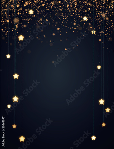 Christmas background design with yellow glowing stars and gold glitter or confetti. Dark backdrop with space for text. Vector flyer or banner template.