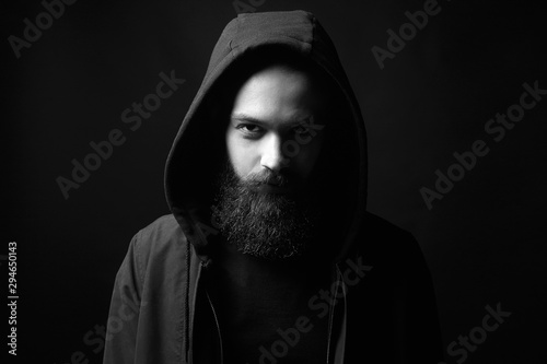 black and white portrait of Man in Hood