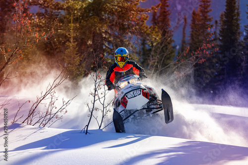 the guy is flying and jumping on a snowmobile on a background of winter forest  leaving a trail of splashes of white snow. bright snowmobile and suit without brands. extra high quality