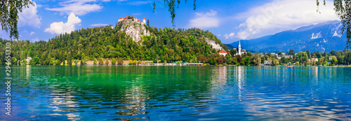 Breathtaking scenery of lake Bled in Slovenia, one of the most beautiful and dramatic lakes of Europe