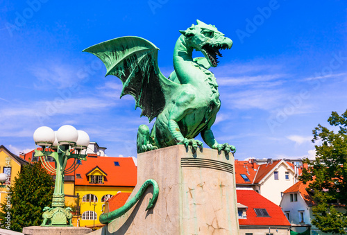 Travel and landmarks of Slovenia - beautiful Ljubljana with famous Dragon's bridge photo