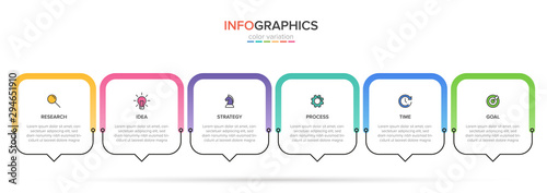 Concept of arrow business model with 6 successive steps. Five colorful rectangular elements. Timeline design for brochure  presentation. Infographic design layout.