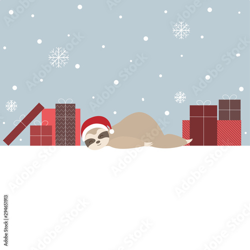 Faultier liegt im Schnee zwischen Geschenken, Banner