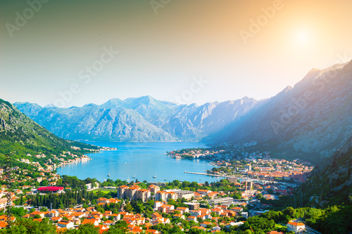 Panoramic view of Kotor bay in Montenegro at sunrise. Summer landscape. Famous travel destination.