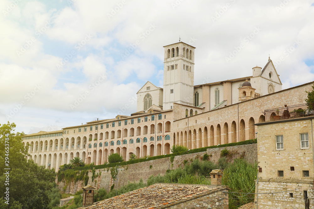 Basilica of Saint Francis of Assisi with Sacro Convento of Franciscan friary, Umbria, Italy.