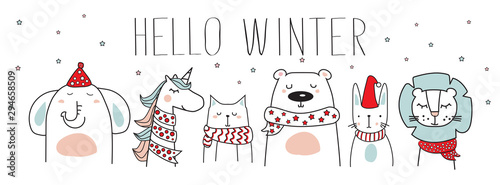 cute animals with winter scarves, hats and hello winter text, vector illustration