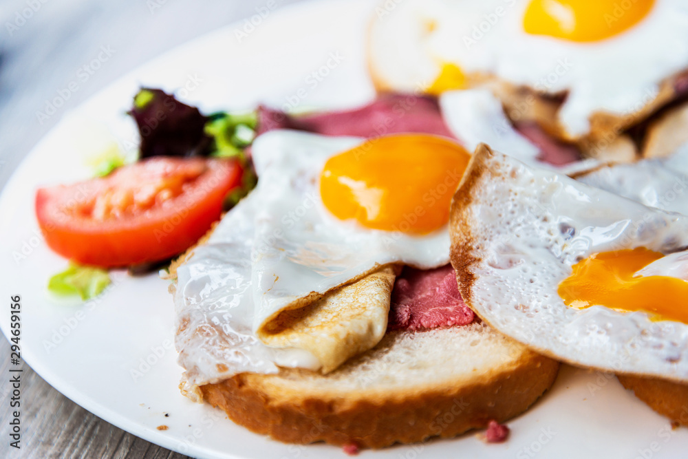 Egg and fries - classical english breakfast with egg and fries Egg and fries - classical english breakfast with egg and fries