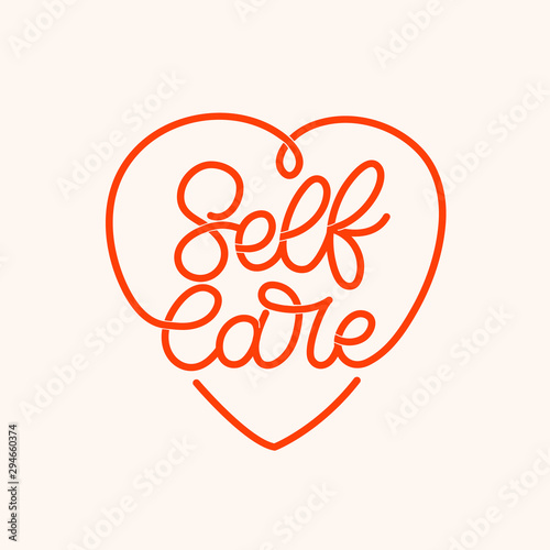 Hand lettered phrase in heart shape. The inscription: Selfcare. Perfect design for greeting cards, posters, T-shirts, banners, print invitations.Monoline lettering. photo