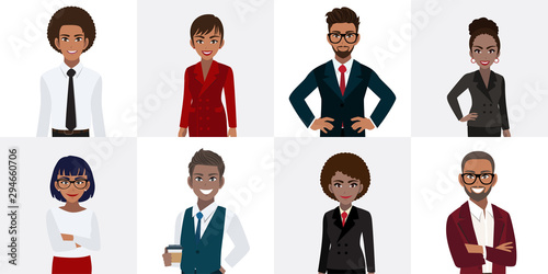 Group of African or American business people cartoon character. African or American businessman and businesswoman in office style smart suit and casual. Vector illustration