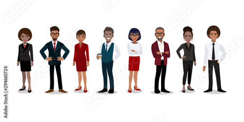 Group of African or American business people cartoon character. African or American businessman and businesswoman in office style smart suit and casual. Vector illustration