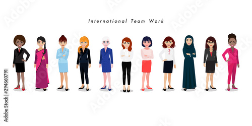 Group of International businesswomen on white background. Set of business people standing together. Different nationalities and dress styles. Cartoon character or flat design vector