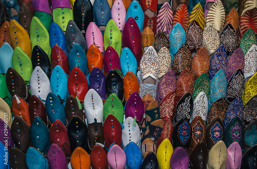 African colourful slippers in Marrakesh souk or bazaar, Morocco, Africa