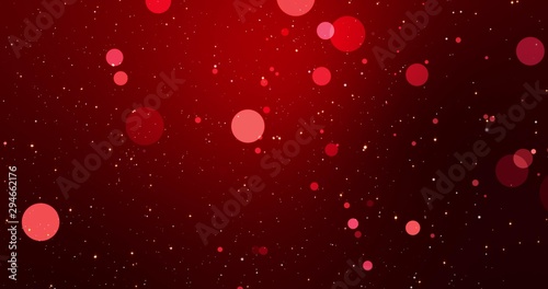 Golden confetti and bokeh lights on the red Christmas background. 3D render