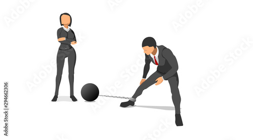 Illustration character of tax collection. the set of character templates for women to charge and men for their legs chained to iron balls. financial collectors due payments. 