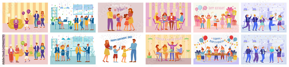 Birthday party flat vector illustrations set. Happy anniversary celebration party. Guests and hosts of feast. People have joint holiday dinner with colleagues, family cartoon characters